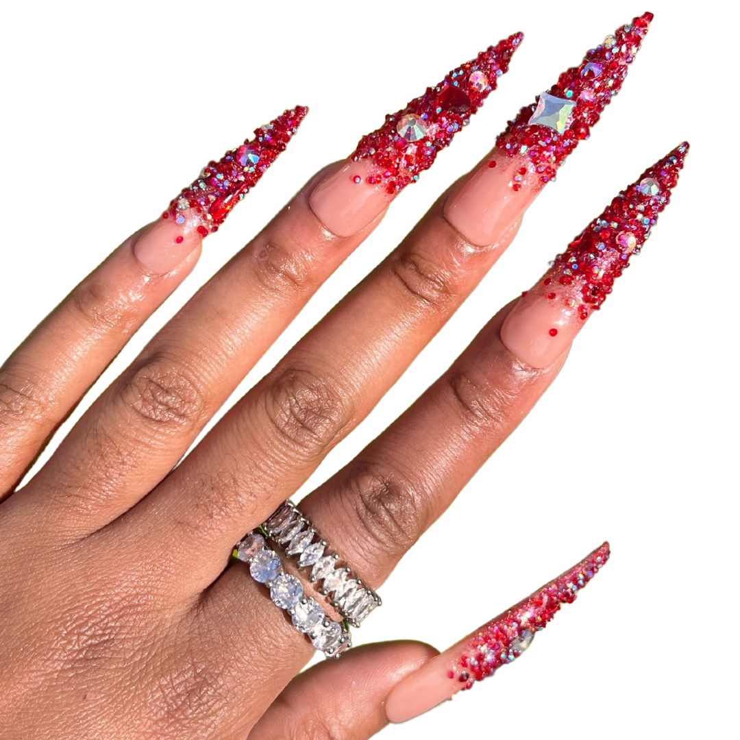 YOSOMK Burgundy French Tip Long Press on Nails with 3D Rhinestones Designs  Red False Fake Nails Acrylic Nails Press On Coffin Artificial Nails for  Women Stick on Nails With Glue on nails